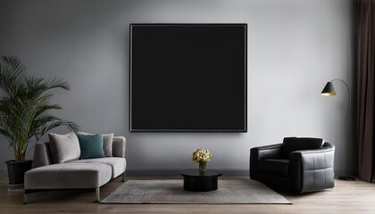 Modern Square Frame Art Mockup in Black Showcasing Striking Black Wall Art Displays in a Chic Living Room Space, Emphasizing Minimalistic Elegance and Contemporary Vibes