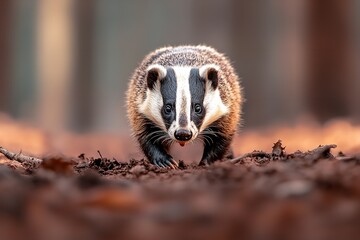 Obraz premium Badger foraging in the forest during autumn season under soft sunlight
