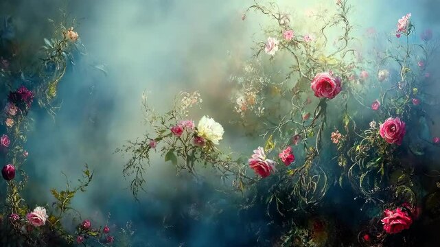 Colorful floral arrangement with roses and intricate vines set against a dreamy blue background