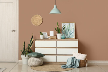 Chest of drawers with Sansevieria plants, books, frames and painting in living room interior