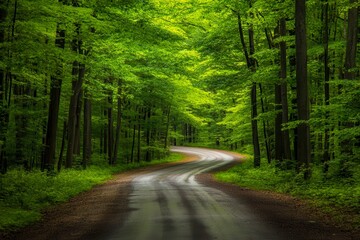 Fototapeta premium Scenic winding road through lush green forest invites exploration of nature's beauty and tranquility.