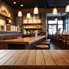 Empty Wooden Table in Blurred Cozy Cafe Background
