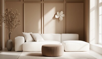 Modern sectional sofa, sunlit living room, minimalist decor, interior design