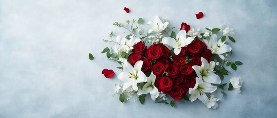 Red roses & lilies heart arrangement. Sympathy card.