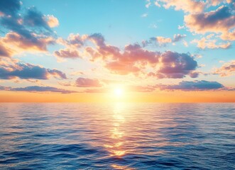 Obraz premium Beautiful sunrise over the sea, blue sky with fluffy clouds and the sun in the morning, a panoramic view of the calm water surface, a tranquil nature background. This is a stock photo suitable.