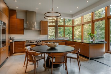 Fototapeta premium Modern kitchen, dining area, forest view, home interior design