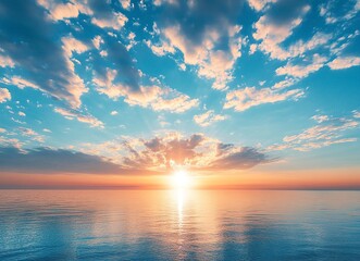 Obraz premium Beautiful sunrise over the sea, blue sky with fluffy clouds and the sun in the morning, a panoramic view of the calm water surface, a tranquil nature background. This is a stock photo suitable.