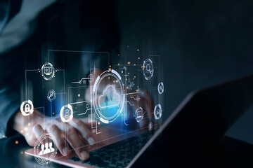 Data transfer technology concept with virtual cloud service icons and hands on laptop keyboard. Double exposure
