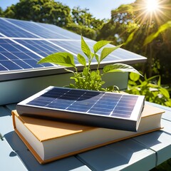 Green Energy and Education Solar Panel with Plant on Books