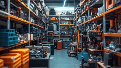 Industrial warehouse interior, storage shelves, tools, supplies