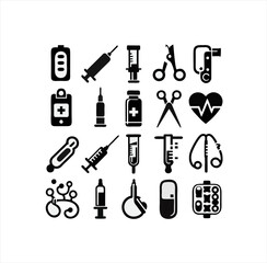 Obraz premium Medical Equipment, HIV Virus Organism and Healthcare Icons - Black and White Vector Set