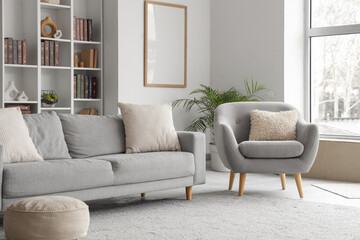 Interior of modern living room with sofa, armchair and bookshelves