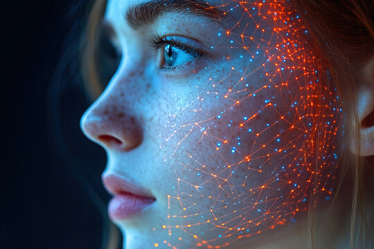 Futuristic technology face with biometric data interface and neural network visualization. Modern Technologies. AI in everyday life concepts.