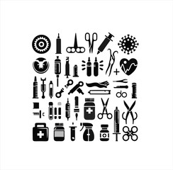 HIV Virus Organism, Medical and Healthcare Tools Icons - Black and White Vector Set
