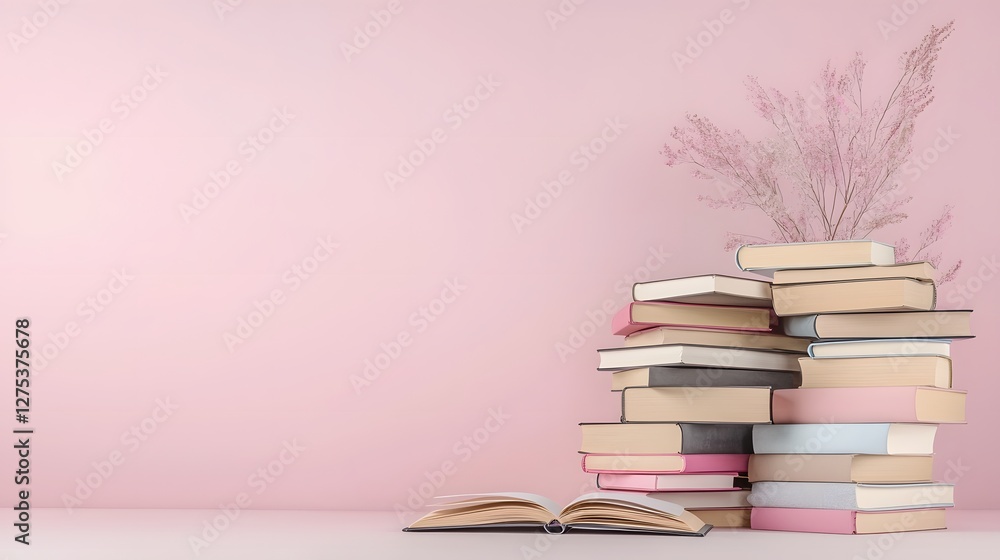 Aufkleber presentation of a stack of textbooks with an open notebook sitting on top set against a tranquil pastel pink background
