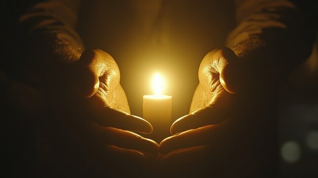 Illuminating candle held gently in hands