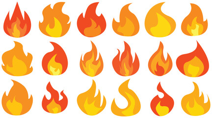 Set of simple flame vector icons. Campfire flame, fire flames, fireball, wildfire and red hot bonfire, red fiery flames.