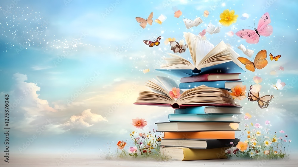Poster Vibrant and colorful background celebrating World Book Day with a stack of open books floating pages and whimsical sparkling elements