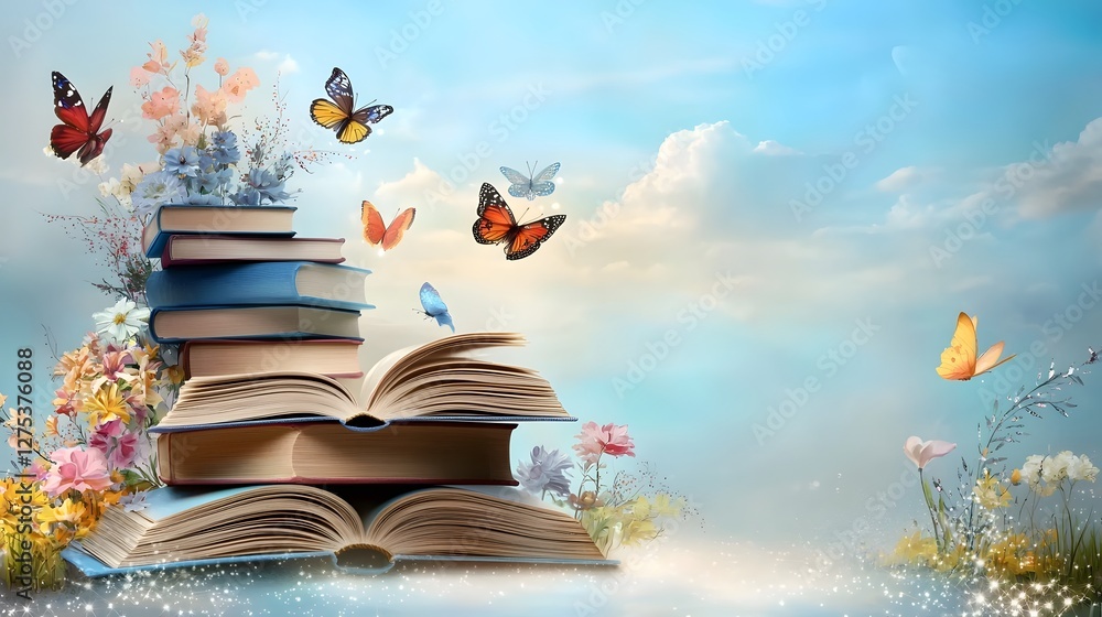 Aufkleber vibrant and colorful background showcasing stacked open books with whimsical floating pages sparkles