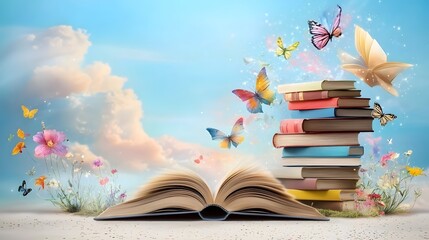 A vibrant background celebrating the joy of literature featuring a stack of colorful books with whimsical elements like floating pages and sparkling accents