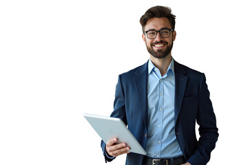 Confident Businessman Holding Tablet on Transparent White Background
