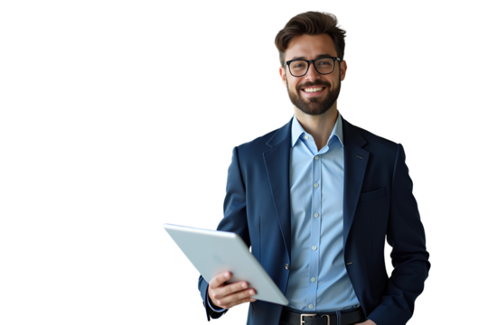Confident Businessman Holding Tablet on Transparent White Background