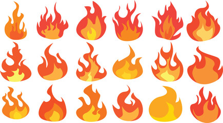 Set of simple flame vector icons. Campfire flame, fire flames, fireball, wildfire and red hot bonfire, red fiery flames.
