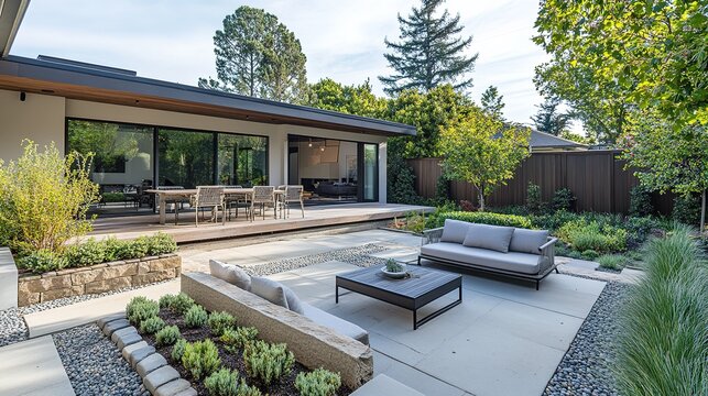 Modern Backyard Patio Design With Landscaping And Seating