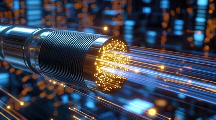 Fiber optic networks enhance speed with laser technology. High-tech abstract image of a metallic nozzle emitting light beams.