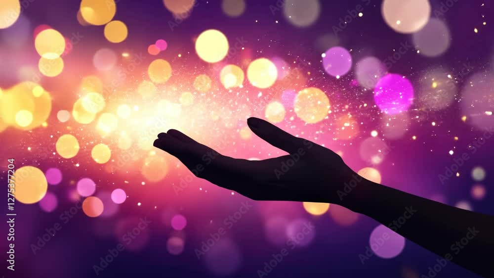 Poster creative expression of light and color with a hand reaching out towards vibrant orbs in a mystical a