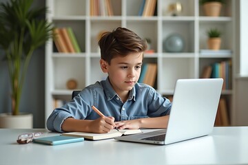 Focused Young Boy Studying Online with Laptop at Home