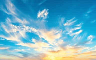 Obraz premium Blue sky with a beautiful sunset and white clouds. Panoramic background of a clear blue sky at sunrise or dusk. A soft, serene scene for nature-themed designs. High-resolution, sharp focus,