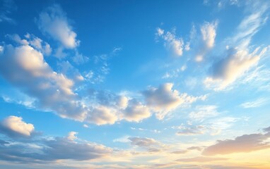 Fototapeta premium Blue sky with a beautiful sunset and white clouds. Panoramic background of a clear blue sky at sunrise or dusk. A soft, serene scene for nature-themed designs. High-resolution, sharp focus,