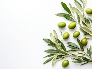 Olive leaves and olives on a white background with copy space for text, in a flat lay. Flat lay of olive tree branches with green fruits on a white background with copy space. Stock photo contest winn