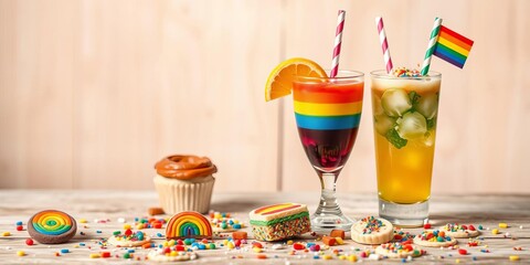 Colorful pride-themed food and drinks including rainbow cupcakes, cookies, and cocktails to liven up any celebration, colorful, treats