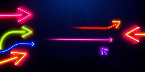 Colorful neon arrows pointing in different directions glowing against a dark background, symbolizing decisions, choices, and various paths, direction, choice
