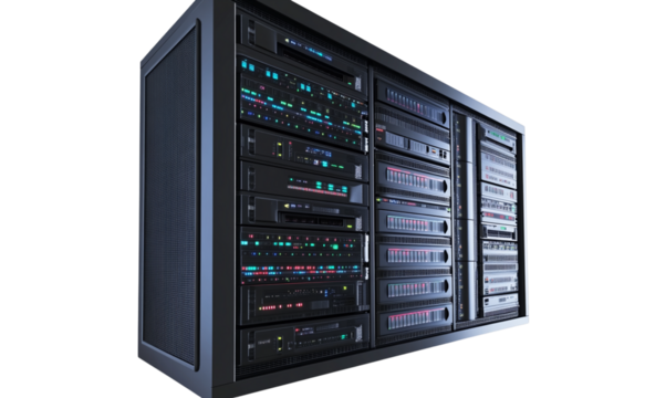 Multiple sleek server racks, representing cutting-edge modern technology and advanced data storage solutions, set against a transparent background.