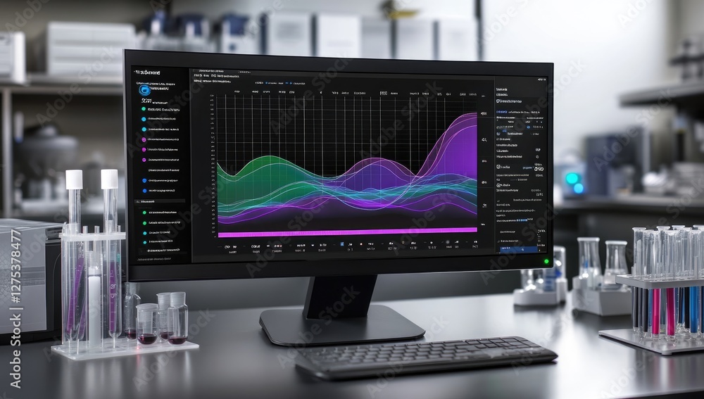 Poster Lab Computer Displaying Data Graph, Modern Tech in Scientific Setting