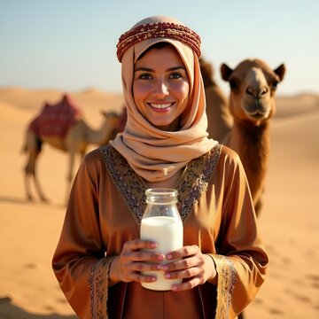 Arabic woman with Camel Milk in the hands. Glass bottle with Camel Milk. Arabian woman in traditional clothes with glass bottle of Camel Milk.  