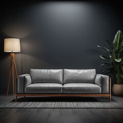 Modern Grey Leather Sofa in Dark Room with Plant and Floor Lamp