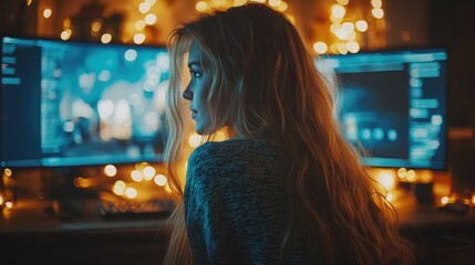 Young woman immersed in a cozy tech environment at night