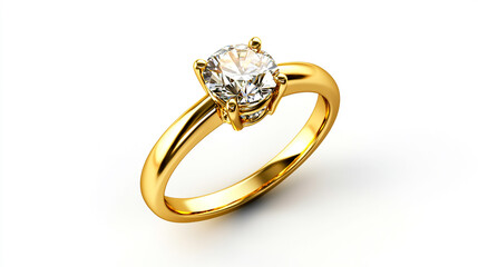 3D rendering of a golden ring with a diamond, isolated on a white background