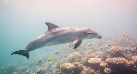 Fototapeta premium dolphin side view underwater background generative ai art