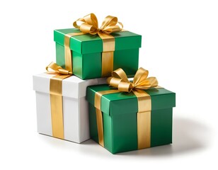 Stack of Green and White Gift Boxes with Gold Ribbons