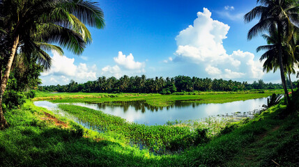 Obraz premium A beautiful landscape of swamp with a blue sky and green grasses, trees, water bodies and paddy fields in the background