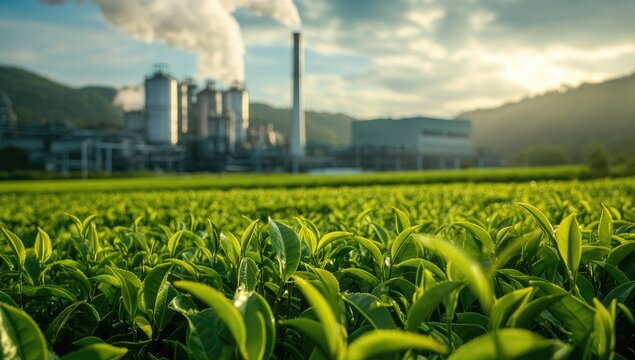 Lush tea field, factory in background, sustainable farming