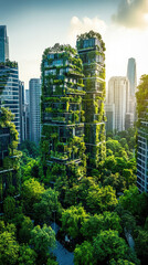 Obraz premium A bustling eco-futuristic city with tall skyscrapers surrounded by greenery. On the roofs of skyscrapers there are green gardens. All houses are covered with greenery, which gives fresh air 