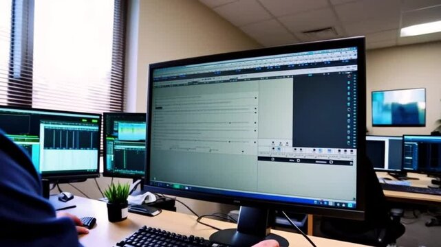 computer and monitor review for editor work with content video or equipment video of vlog