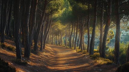 Fototapeta premium Sunlit Path Through Majestic Pine Tree Forest
