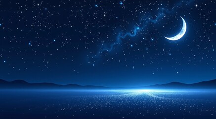 Naklejka premium Night Sky Ramadan Banner. Tranquil crescent moon & stars. Dreamy spiritual template for greetings, backgrounds, serene designs.